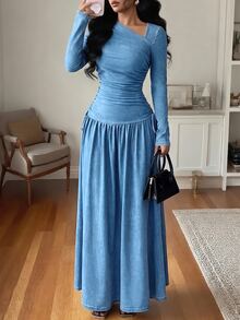 GlowEve Women's Fashion Asymmetrical Neckline Ruched Denim Dress - Blue - View 2