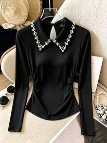 GlowEve CURVE Women's Fashion Elegant Beaded Collar Long Sleeve Ruched Waist T-Shirt, Suitable For Daily Commute, Home, Dating - Black - View 1