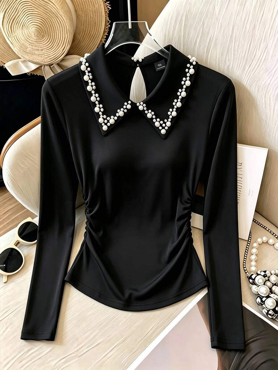 GlowEve CURVE Women's Fashion Elegant Beaded Collar Long Sleeve Ruched Waist T-Shirt, Suitable For Daily Commute, Home, Dating - Black - View 1