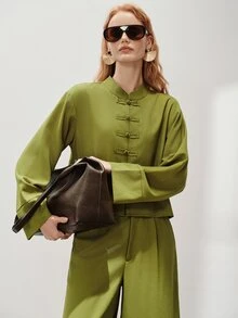 Aveloria Modichic New Chinese Style Frog Button Minimalist Elegant Relaxed Long Sleeve Wide Leg Pants 2 Pieces Set - Olive Green - View 7