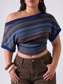 LYSMO Plus Size Women's Striped Asymmetrical Shoulder Batwing Short Sleeve Cropped Casual T-Shirt - Navy Blue - View 4