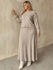 Auralis 大尺碼女款純色圓領長袖T恤與裙子休閒兩件套/舒適居家服套裝/休閒兩件套 - 杏色 - 查看 6