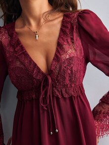 Willow Rêve Gaun Mini Merah Patchwork Renda Wanita - Burgundy - View 5