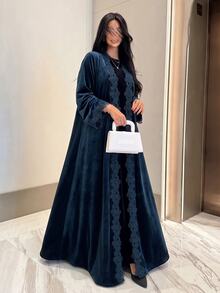 Al Najma Women Fall Winter Warm Navy Blue Velvet Lace Trim Open Front Long Sleeve Loose Long Abaya Kaftan For Home Visiting Gathering - Blue - View 9
