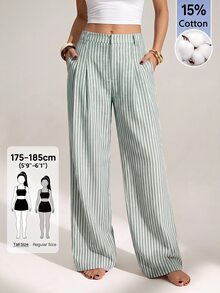 SHEIN Tall 女款卡其色條紋直筒優雅上班褲 - 軍綠色 - 查看 1