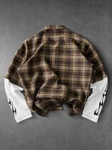 ROMWE MEN Street Life Men's Patchwork Plaid 2 In 1 Long Sleeve Casual Shirt - Multicolor - View 2