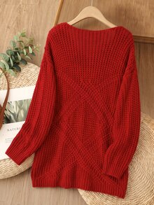 Rusticease Plus Size Red Cable Knit V Neck Long Sleeve Sweater Cozy Casual Fall Winter 2026 - Red - View 3