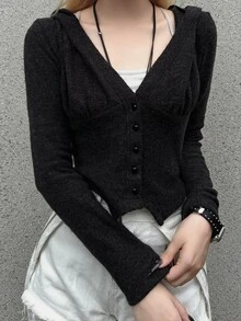 FRIFUL Women's Solid Color V-Neck Casual Daily Hooded T-Shirt - Grey - View 1