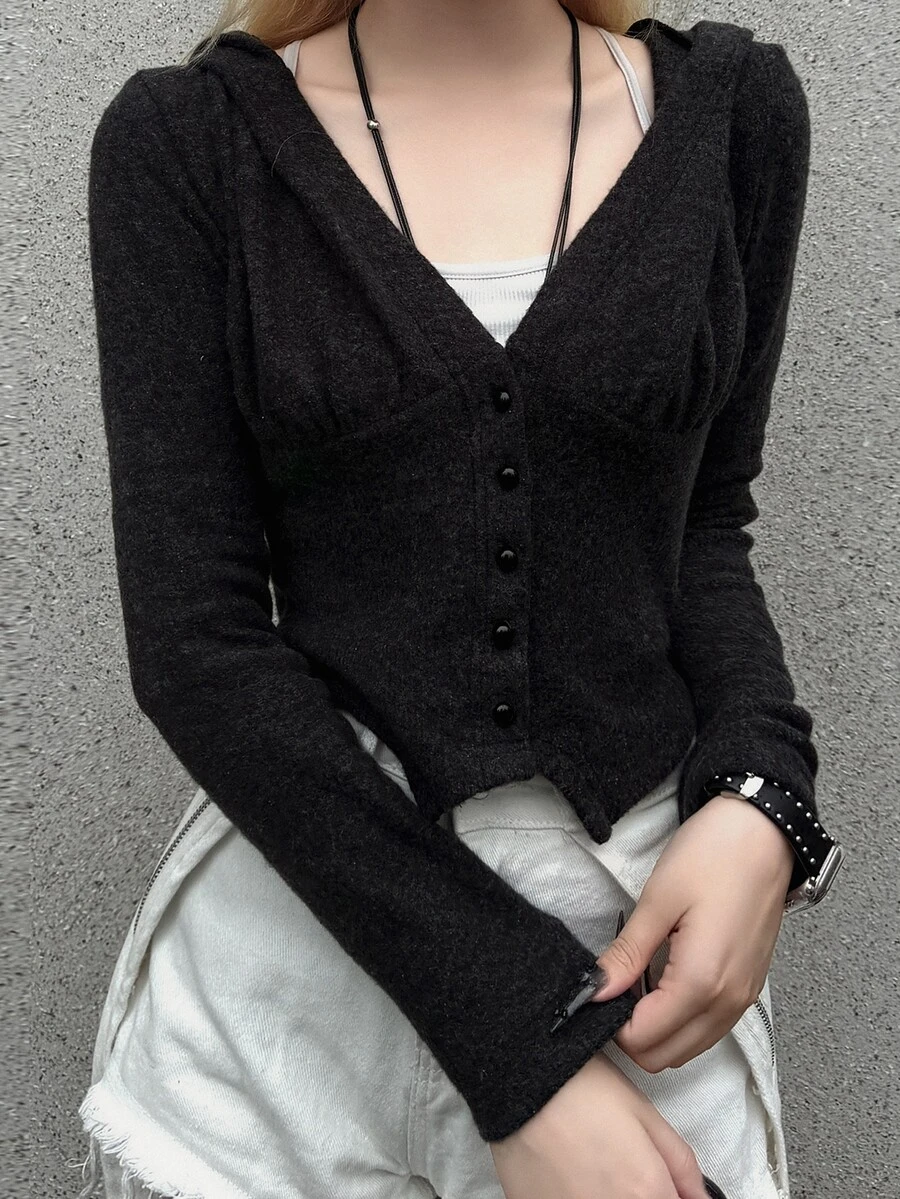 FRIFUL Women's Solid Color V-Neck Casual Daily Hooded T-Shirt - Grey - View 1
