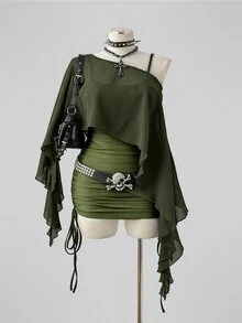 Sunspun Plus Size Spring/Summer Sheer Top & Fitted Drawstring Cami Dress 2 Pieces Set - Army Green - View 5