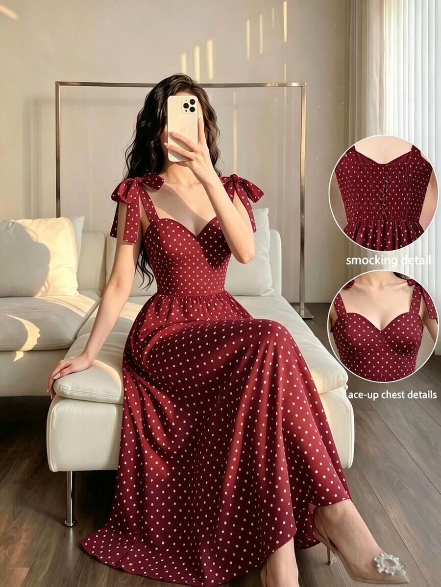 Celisse Women's Polka Dot Pattern Shoulder Knot Elegant Spaghetti Strap Dress - Fiery Red - View 1