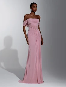 Elitara Elegant Pink Off-Shoulder Sleeveless Evening Gown With Metal Shoulder Buckle, Waist Fish-Tail Applique, Sheer Mesh Pleats, Handmade Hemp Rope Decor, Fish-Tail High Slit Side Drape, Suitable For Spring/Summer Dates, Vacations, Bachelorette Parties, Weddings, Events, Graduation, Back To School, Heavy Embellished Formal Party - Dusty Pink - View 7