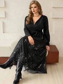 Roveilla Setelan Wanita Ukuran Besar: Blazer Tanpa Kerah + Rok Berpayet - Hitam - View 3