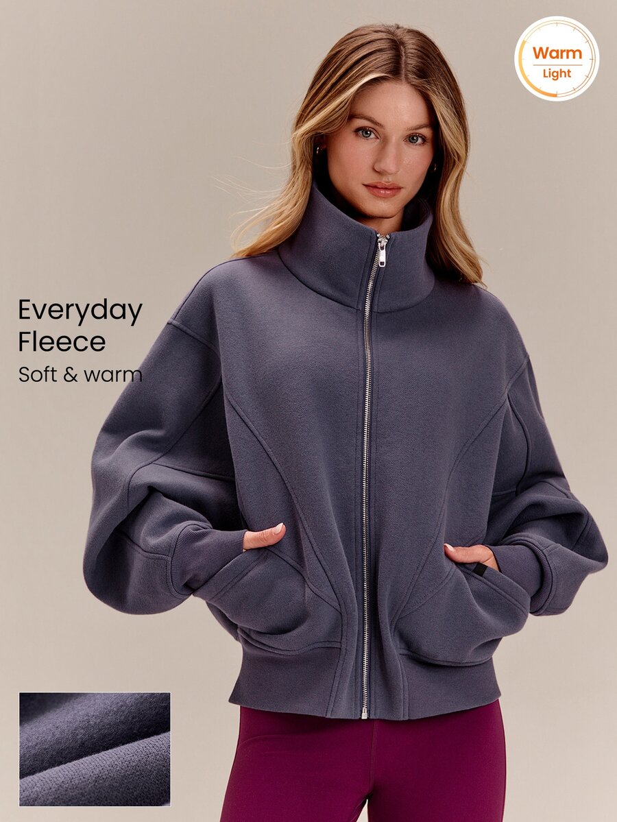 GLOWMODE Jaket Fleece Hangat Sehari-hari, Lembut, Hangat, Ringan, Detail Jahitan Depan dan Belakang, Saku, Lengan Kelelawar, Leher Tinggi, Resleting Penuh, Kasual - Purple - View 1