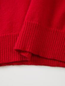 SHEIN Women Fall Winter Off‑Shoulder Knit Sweater Merry Letter Embroidery Lantern Long Sleeve Pullover - Red - View 4