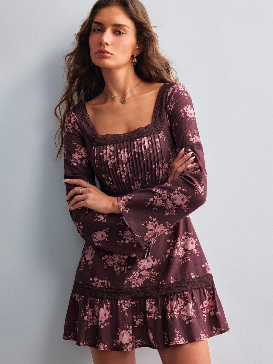Willow Rêve Women's Dusty Mauve Mini Dress,Ditsy Floral,Lace Patchwork,Square Neck,Pleated Bust,Ruffle Hem,Cottagecore Autumn For Brunch,Holiday Dress - Brown - View 1