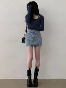 DAZY 女款繫帶式不對稱肩長袖時尚修身休閒T恤 - 藏蓝色 - 查看 5