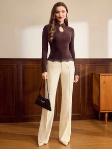 Vintamour Women's Brown Fitted Elegant Top With Stand Collar And Keyhole Neckline - Coffee Brown - View 7