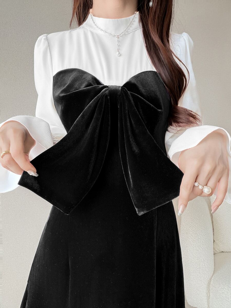FRIFUL Women's Elegant Long Dress With Stand Collar And Bow Decor, 2 In 1 Design - Black - View 1