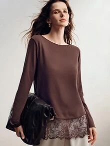Briarwyn Elegant Solid Color Lace Patchwork Boat Neck Long Sleeve Women's T-Shirt - Coffee Brown - View 1