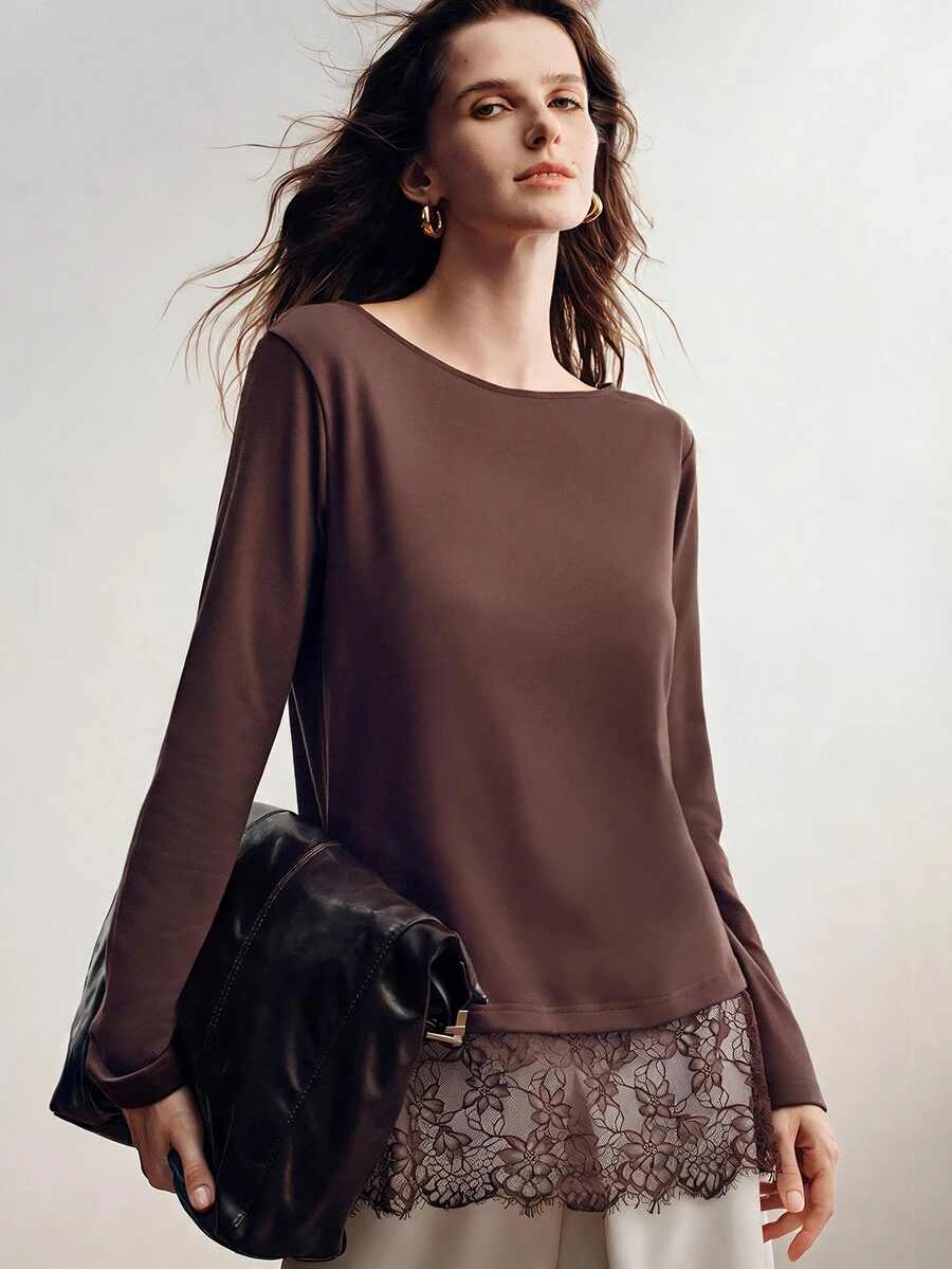 Briarwyn Elegant Solid Color Lace Patchwork Boat Neck Long Sleeve Women's T-Shirt - Coffee Brown - View 1
