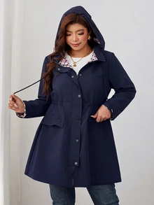 Reflora 大尺碼女款優雅夾克，秋冬女款夾克，長袖連帽鈕扣女款夾克，休閒外出女款夾克 - 藏蓝色 - 查看 4