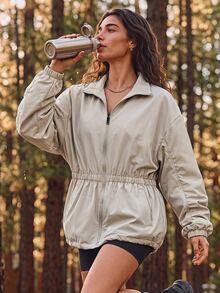 Exploreva Exploreva Women's Outdoor Minimalist Zipper Waist-Cinching Pocket Jacket - Apricot - View 4