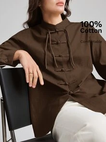 Ontre 女款深棕色長袖襯衫 中式盤扣 全季現代都市時尚 商務休閒 簡約百搭 辦公日常 秋季 - 棕色 - 查看 6