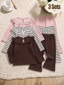 Infant Toddler Ribbed Ruffle Peter Pan Collar Long Sleeve T-Shirt And Flare Pants 2 Pieces Set, Polka Dot Print, Ribbed Print, Brown Solid Color Ribbed, Soft Fabric, Bowknot Accent Comfortable Casual Outfit, Suitable For Spring, Autumn And Winter - Multicolor - View 2
