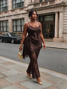 Firerie Plus Size Women Solid Color Contrast Lace Asymmetric Hem Camisole Top And Flare Pants Elegant Set - Coffee Brown - View 6
