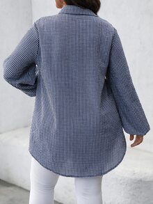 SHEIN LUNE Plus Size Fashion Plaid Button Long Sleeve Shirt For Daily Wear - Navy Blue - View 6