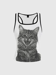 ROMWE Grunge Punk Cute Kitten Dark Hot Girl Graphic Print Punk Women's Tank Top - White - View 1