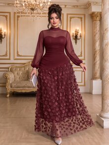 Roveilla Plus Size 2027 New Party Style New Year Christmas Valentine's Day 3D Floral Long Dress - Burgundy - View 6