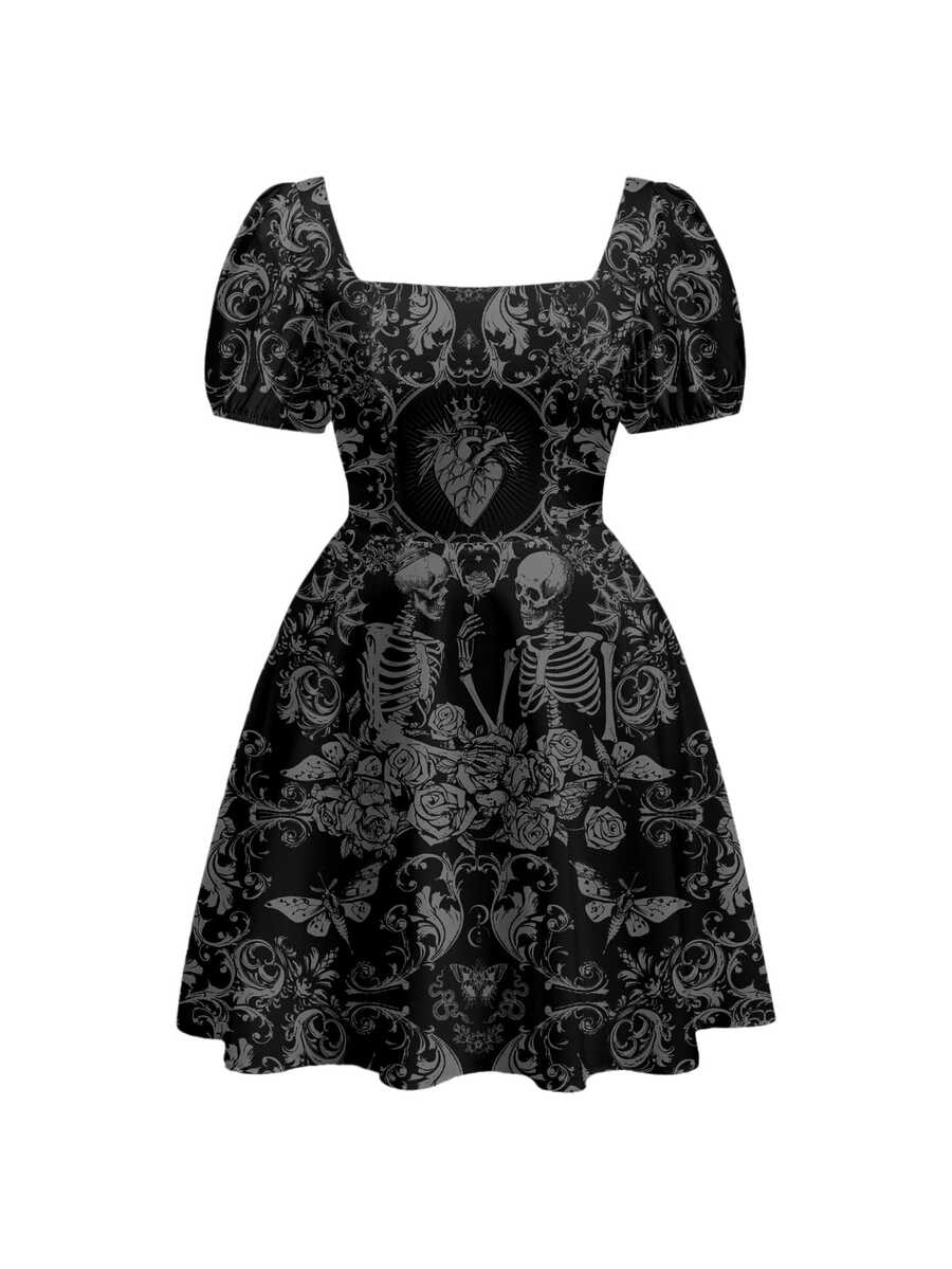 ROMWE Grunge Punk Skull Forest Gothic Court Dark Style Plus Size Square Neck Dress - Black - View 1