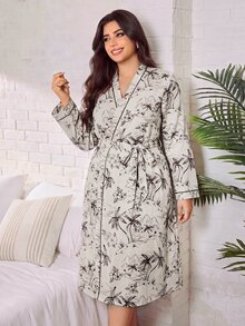 Serenescape Minimalist Floral Print Plus Size Long Sleeve Robe - Apricot - View 3