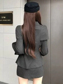 DAZY Autumn/Winter Double-Breasted Shawl Collar Waist-Cinching Wool Blazer & Bodycon Short Skirt Elegant Commute Date Office Women 2 Pieces Set - Grey - View 4