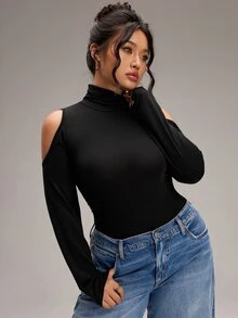 EMERY ROSE Plus Size Women Solid Color High Neck Cold Shoulder Long Sleeve Slim Fit T-Shirt - Grey - View 3