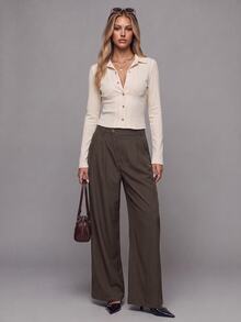 Avantive Women's Solid Color Asymmetric Button Placket Pocket Casual Suit Pants - Rust Brown - View 5