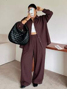 Dazy Plus Fun Commute Office Casual Solid Color Loose Fit Spring/Autumn New 2 Pieces Set - Brown - View 5