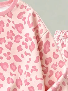 女童粉色豹紋圓領衛衣與緊身褲套裝，甜酷風2件式套裝，粉色豹紋設計。寬鬆落肩圓領衛衣。適合日常上學、外出，輕鬆打造活力女孩造型，百搭休閒秋冬新款，適合聖誕節與萬聖節 - 彩色 - 查看 5
