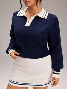 EMERY ROSE Plus Size Korean Style Zipper Half-Placket Contrast Color Knit Top - Navy Blue - View 4