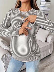 SHEIN 女款條紋圖案長袖圓領舒適居家穿著上衣 - 灰色 - 查看 1