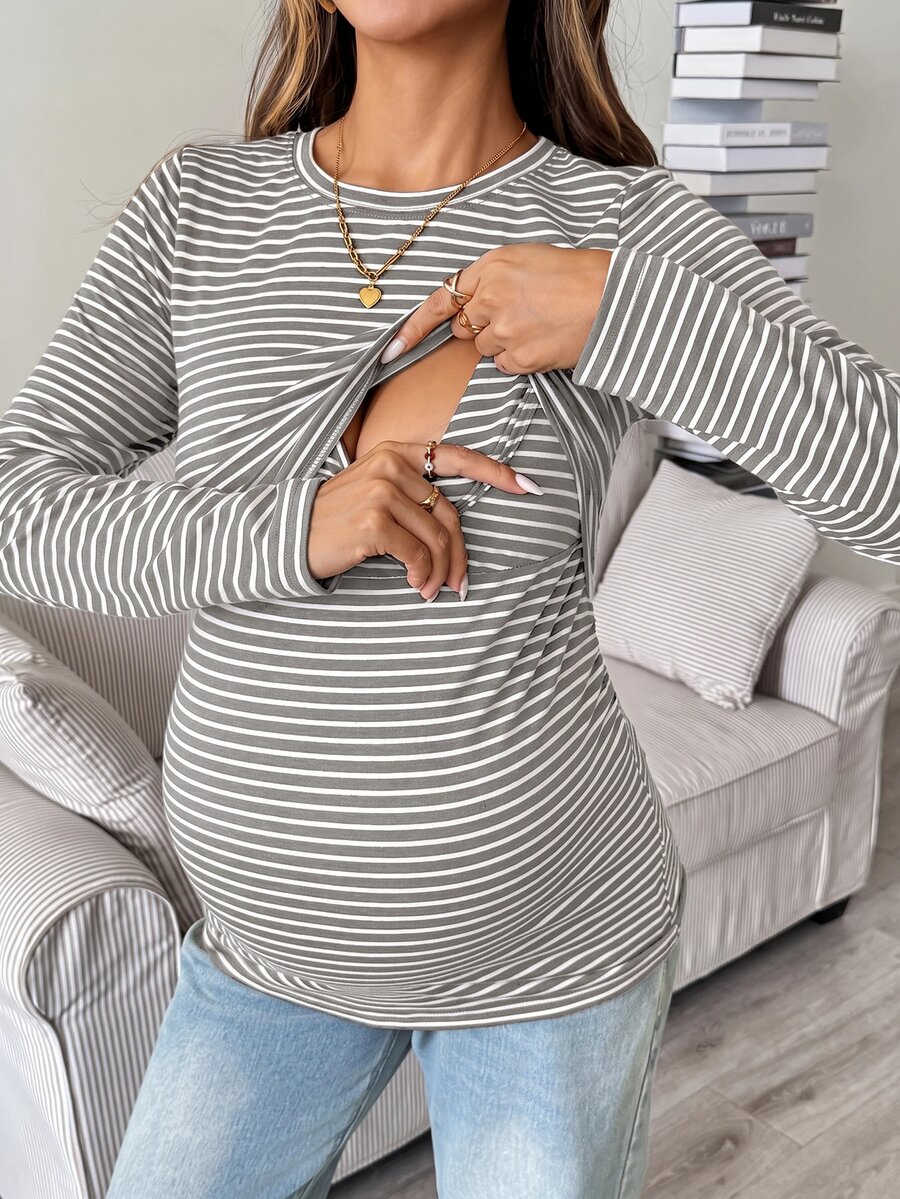 SHEIN 女款條紋圖案長袖圓領舒適居家穿著上衣 - 灰色 - 查看 1