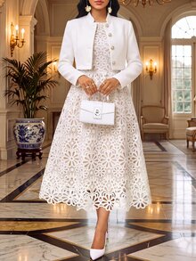 Fleurora Women's Round Neck Sleeveless Lace Waist-Cinching Dress And Solid Color Single-Breasted Long Sleeve Jacket 2 Pieces Set - White - View 3