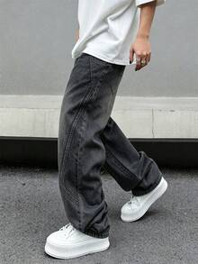 Manfinity EMRG Men's Solid Color Fashion Casual Wide Leg Jeans - Dark Grey - View 4