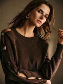 MOTF PREMIUM WOMEN'S AUTUMN/WINTER FASHION COFFEE COLOR GOLD BUTTON HOLLOW SLEEVE SWEATER - Brown - View 5