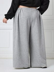SHEIN CURVE+ Plus Size Women's Solid Color Side Waist Knot Wide Leg Pants, Casual Versatile All-Match Style For Autumn/Winter, Suitable For Daily Wear - Grey - View 2