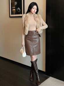 DAZY Women's PU Leather Casual Elegant Skirt - Brown - View 5