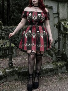 Whyspr Gaun Ukuran Plus Terbaru untuk Halloween, Model A-Line dengan Motif Tengkorak, Bahu Terbuka, Patchwork Renda, dan Potongan Pinggang yang Mengencangkan. - MultiWarna - View 5