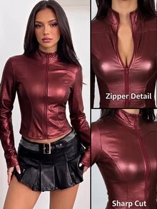 SHEIN PETITE 女款純色PU皮革長袖前拉鍊輕便夾克 - 酒紅色 - 查看 2
